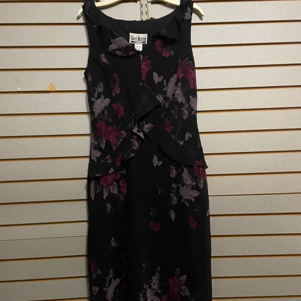 Sheri Martin New York Black Floral Ruffle Sleeveless‎ Midi Dress Women Size 12